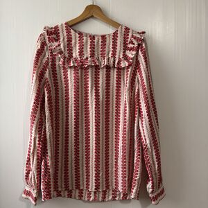Boden Effie Long Sleeve Blouse Ivory Red Floral Trellis Pattern Ruffle Sz 10 Top